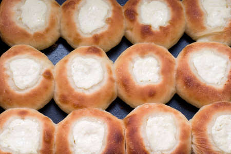 fresh tasty home-baked cheesecakes on the baking sheetの写真素材