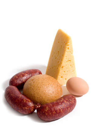 bread, cheese, egg and sausages on white backgroundの写真素材