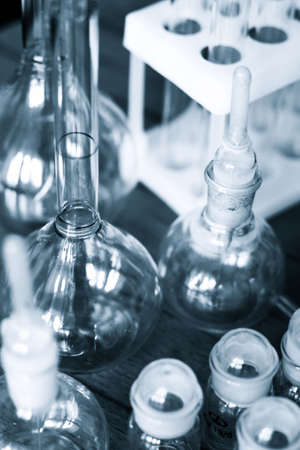 chemical laboratory equipment - test tubes, flasks, weighting bottles etc. Still life, close-up の写真素材