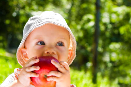Portrait of beautiful baby boy eating apple on the lawnの写真素材