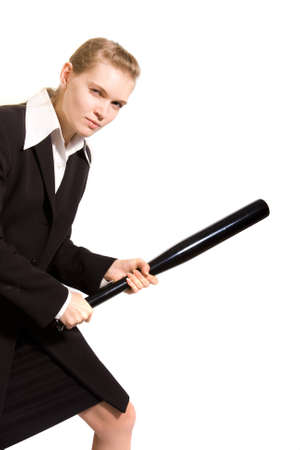 Young girl reflecting attack. Isolated on whiteの写真素材