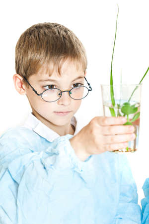 Little boy doing biochemistry research at the lab. Isolated on whiteの写真素材