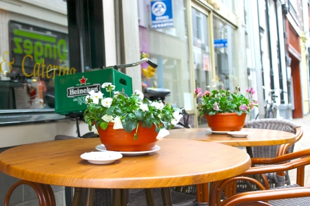 Flowers on the tables of street cafes. Gorinchem. Netherlands のeditorial素材