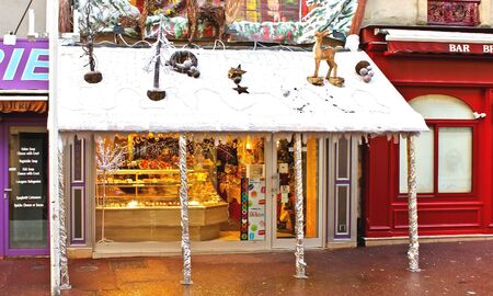 Christmas Windows grocery store in Bayeux. Normandy. Franceのeditorial素材
