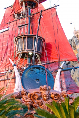 LAS VEGAS, NEVADA, USA - OCTOBER 21, 2013 : Pirate ship at pond near Treasure Island hotel  in Las Vegas. This Caribbean themed resort has an hotel with 2,884 roomsのeditorial素材