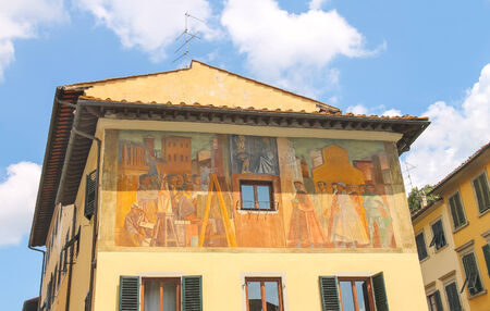 Facade of house is decorated with wall paintings. Florence, Italyのeditorial素材