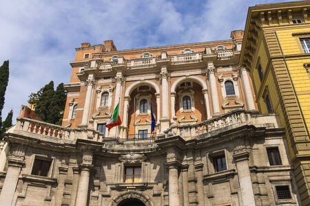 ROME, ITALY - MAY 04, 2014: Flags of Italy and the European Union on the building National Institute for Insurance against Accidents at Work in Rome, Italyのeditorial素材