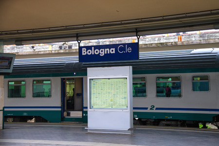 BOLOGNA, ITALY - MAY 03, 2014: Suburban train stops at Bologna Station in  Italy