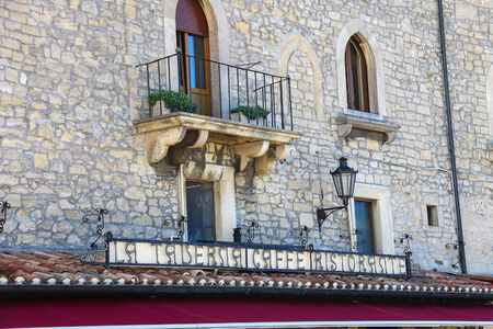 SAN MARINO. SAN MARINO REPUBLIC - AUGUST 08, 2014: The sign of the restaurant, "Righi" in San Marino, Republic of San Marinoのeditorial素材