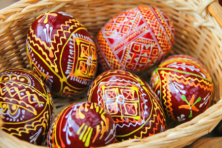 Village Urych , Lviv region. Ukraine - July 1, 2014 : Easter eggs in a basket. Sale of souvenirs in the historical and cultural reserve "Tustan"のeditorial素材