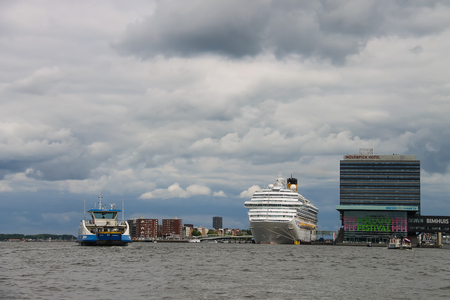 Amsterdam, Netherlands - June 20, 2015: Cruise ship Costa Fortuna stands in the passenger terminal of Amsterdamのeditorial素材