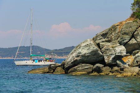 Elba Island, Italy - June 30, 2015: Anchored yacht in Tyrrhenian Seaのeditorial素材