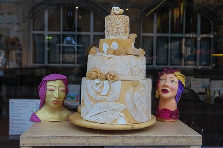 Haarlem, the Netherlands - June 20, 2015: Big cake in the window of the confectionery shop. Haarlem is the capital of the province of North Holland and popular tourist centreのeditorial素材