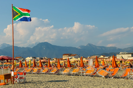 Viareggio, Italy - June 28, 2015: People resting on the beach. Viareggio is the famous resort on the coast of the Ligurian Seaのeditorial素材