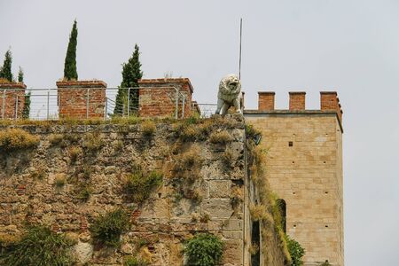 Antique fortified wall and gate with statue of lion. Pisa, Italyのeditorial素材