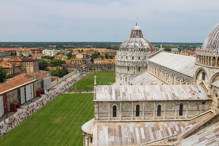 Pisa, Italy - June 29, 2015: View from Leaning Tower to Cathedral and Baptisery of St. Johnのeditorial素材