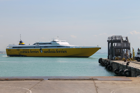 Piombino, Italy - June 30, 2015: Ferry boat Corsica Express at berth in the seaportのeditorial素材