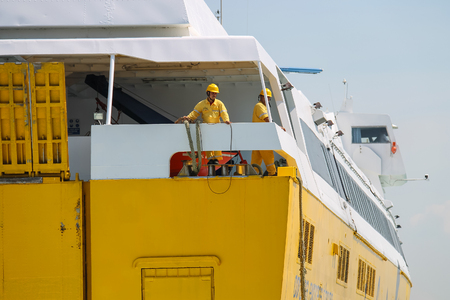 Piombino, Italy - June 30, 2015: Ferry boat Corsica Express at berth in the seaportのeditorial素材