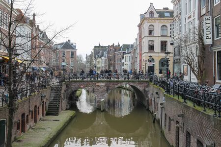 Utrecht, the Netherlands - February 13, 2016: Famous Oudegracht canal in historic city centreのeditorial素材