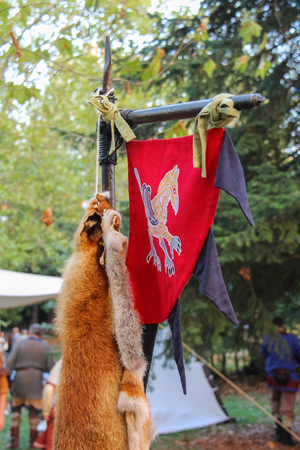 Spilamberto, Italy- October 02, 2016: Vintage style spears of historic party in parkのeditorial素材