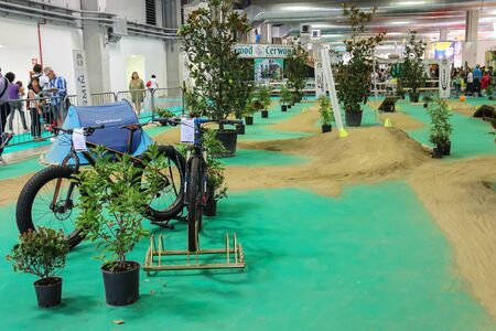 Parma, Italy - September 17, 2016: People near bikes zone in annual exhibition of camper vans (Salone del Camper)のeditorial素材