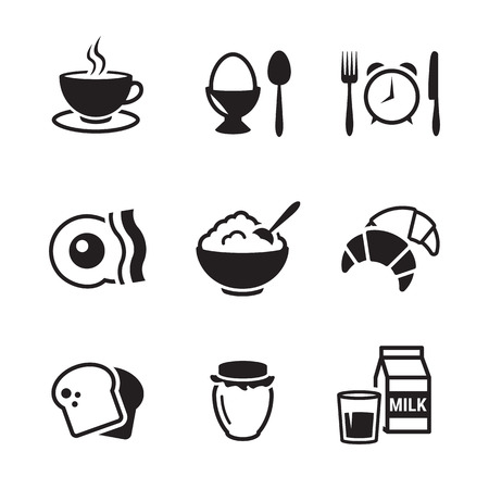 Various breakfast icons set on a Black and white  illustration, isolated on white backgroundのイラスト素材