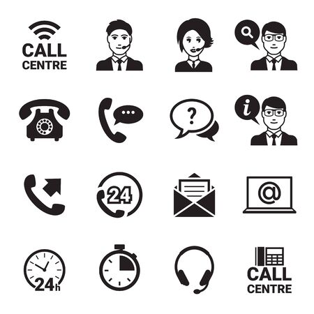 Call center icons set. Black on a white backgroundのイラスト素材