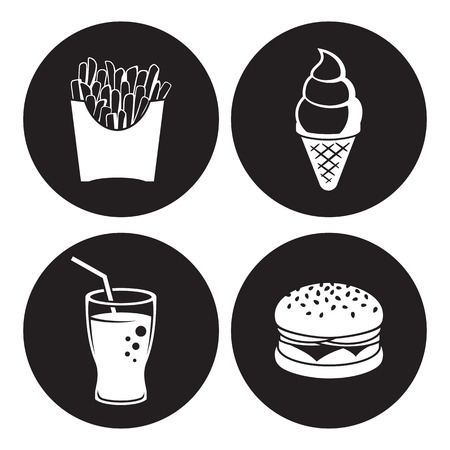 Fast food icons set. White on a black backgroundのイラスト素材