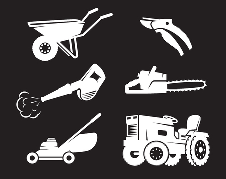 Gardening equipment icons. White on a black backgroundのイラスト素材