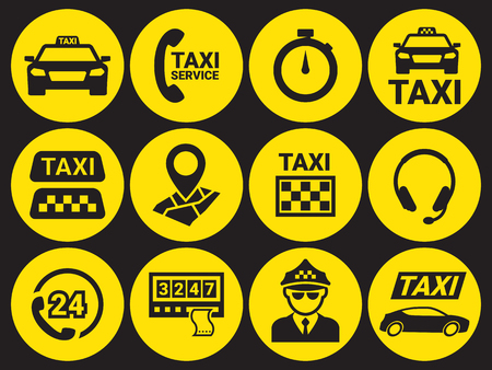 Taxi icons set. Black on a yellow backgroundのイラスト素材