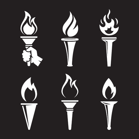 Torch icons set. White on a black backgroundのイラスト素材