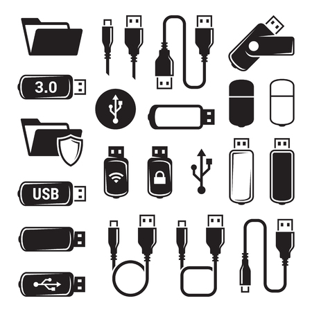 Usb icons set. Black on a white backgroundのイラスト素材