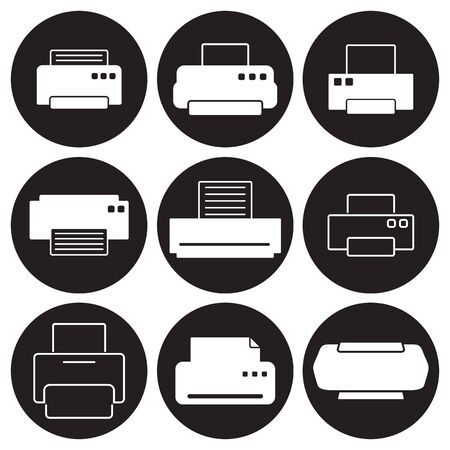 Printer icons set. White on a black background