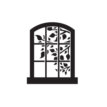 Window and tree outside the window silhouette. Black on a white backgroundのイラスト素材