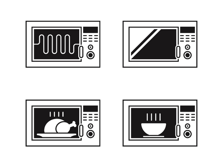 Microwave oven icon set. Black on a white backgroundのイラスト素材