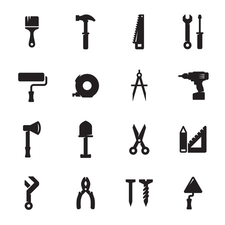 Construction and repair tools, working tools icons. Black on a white backgroundのイラスト素材
