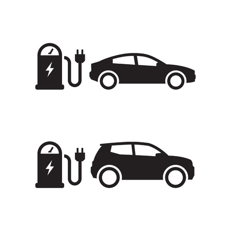 Electric car charging at the charger station. Black on a white backgroundのイラスト素材