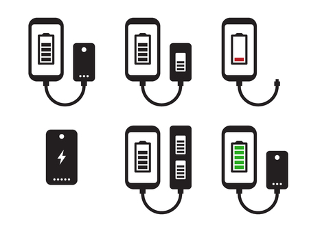 Power bank icons set. Black on a white backgroundのイラスト素材