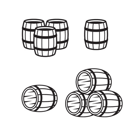Wooden barrel line icons set black on a white background.のイラスト素材