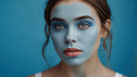 Portrait of a beautiful girl with blue makeup on a blue backgroundの素材