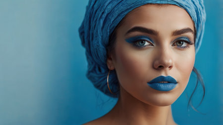 Portrait of a beautiful girl with blue make-up and turbanの素材