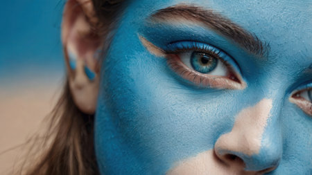 Close-up portrait of a girl with blue paint on her faceの素材