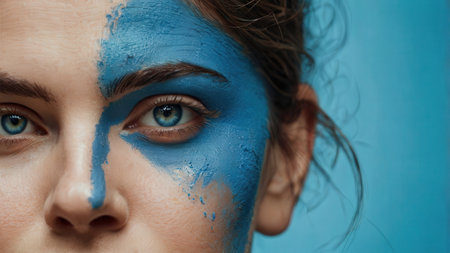 Close up portrait of beautiful young woman with blue paint on her faceの素材