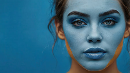 Close-up portrait of a girl with blue make-up.の素材