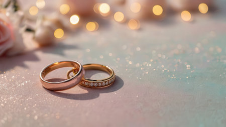 Wedding rings on a blue background with bokeh.の素材