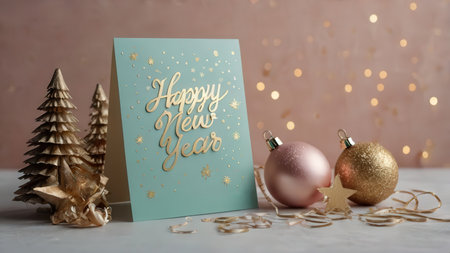 Merry Christmas and Happy New Year greeting card with gold and pink baublesの素材