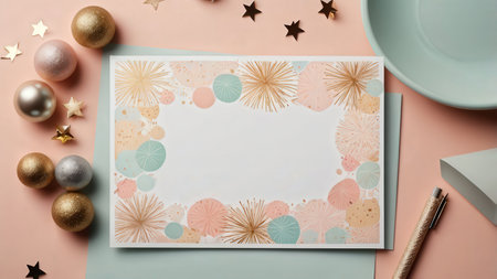 Christmas greeting card mockup with decorations on pastel pink background.の素材