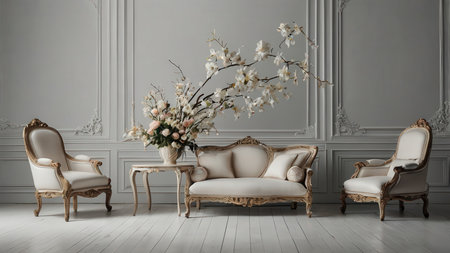 Classic interior with armchairs and flowers in classic interior.3d renderの素材