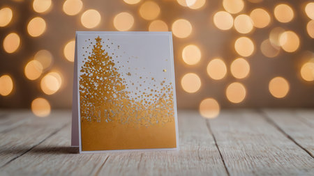 Christmas greeting card on wooden table with bokeh lights in backgroundの素材
