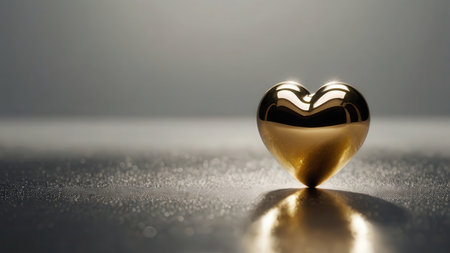 Golden heart on a reflective surface with a shallow depth of field.の素材